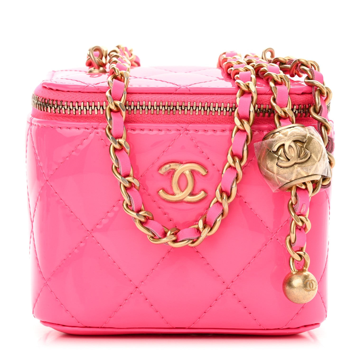 Chanel Patent Quilted Pearl Crush Mini Vanity Case With Chain Neon Pink 1 of 12