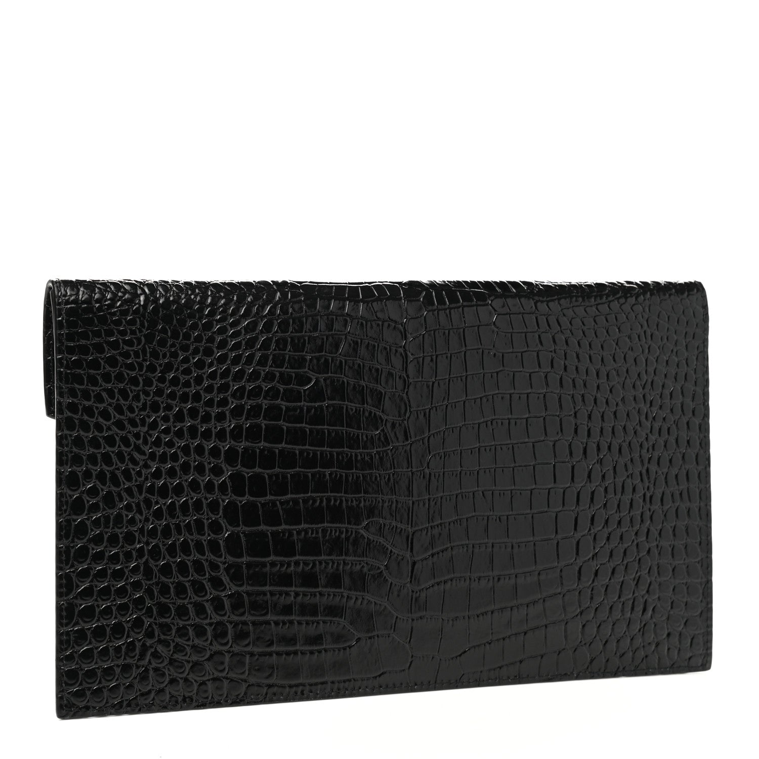 Saint Laurent Calfskin Crocodile Embossed Uptown Monogram Pouch Black 3 of 8
