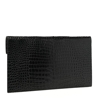 Saint Laurent Calfskin Crocodile Embossed Uptown Monogram Pouch Black 3 of 8
