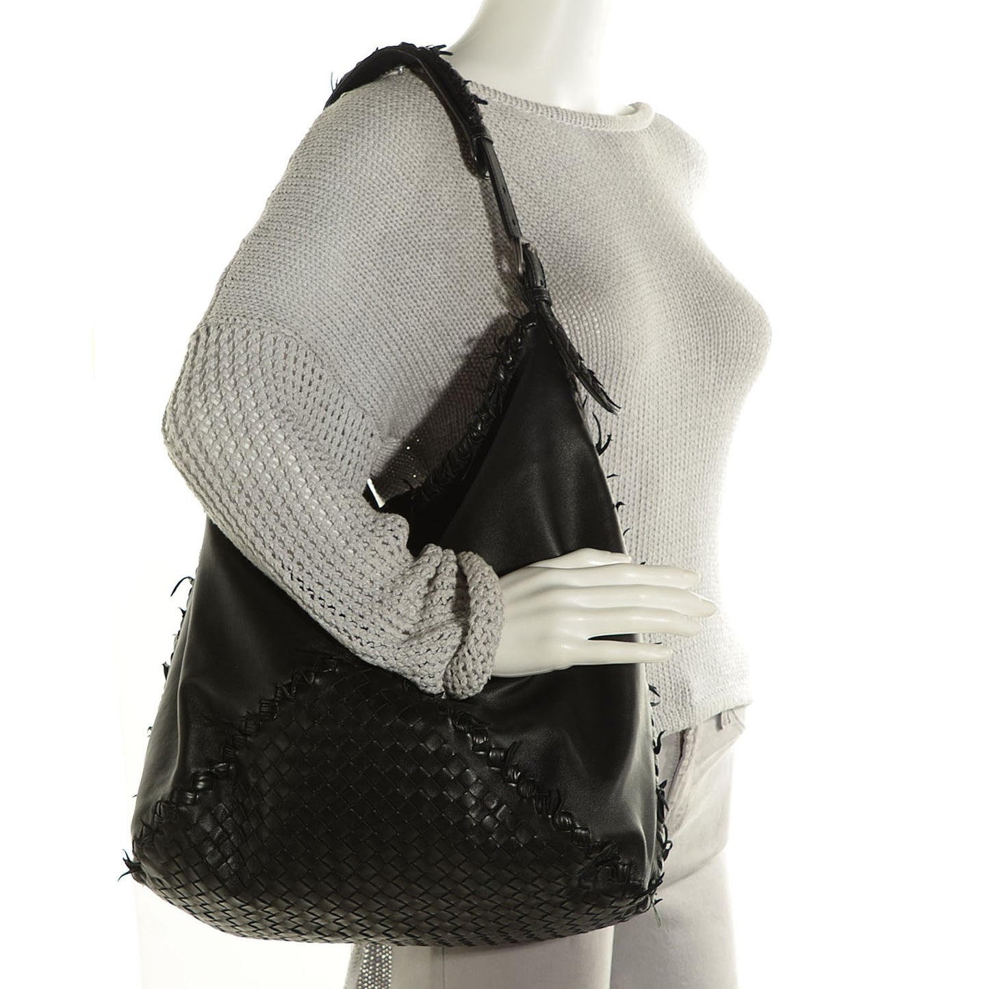 Nappa Intrecciato Large Fringe Shoulder Bag Nero Black