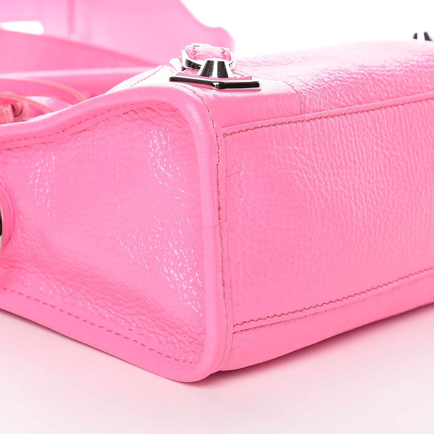 Shiny Goatskin Silver Metallic Edge Hardware Mini City Acid Pink