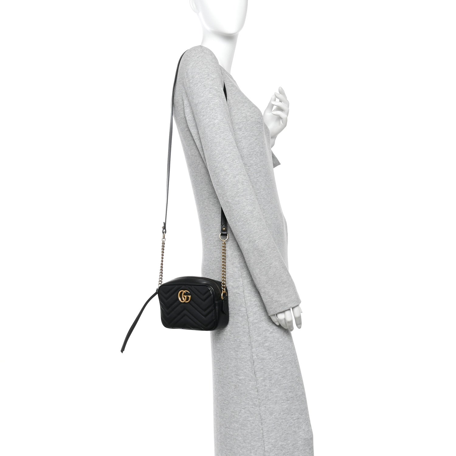 Gucci Calfskin Matelasse Mini GG Marmont Chain Shoulder Bag Black 2 of 11