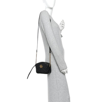 Gucci Calfskin Matelasse Mini GG Marmont Chain Shoulder Bag Black 2 of 11