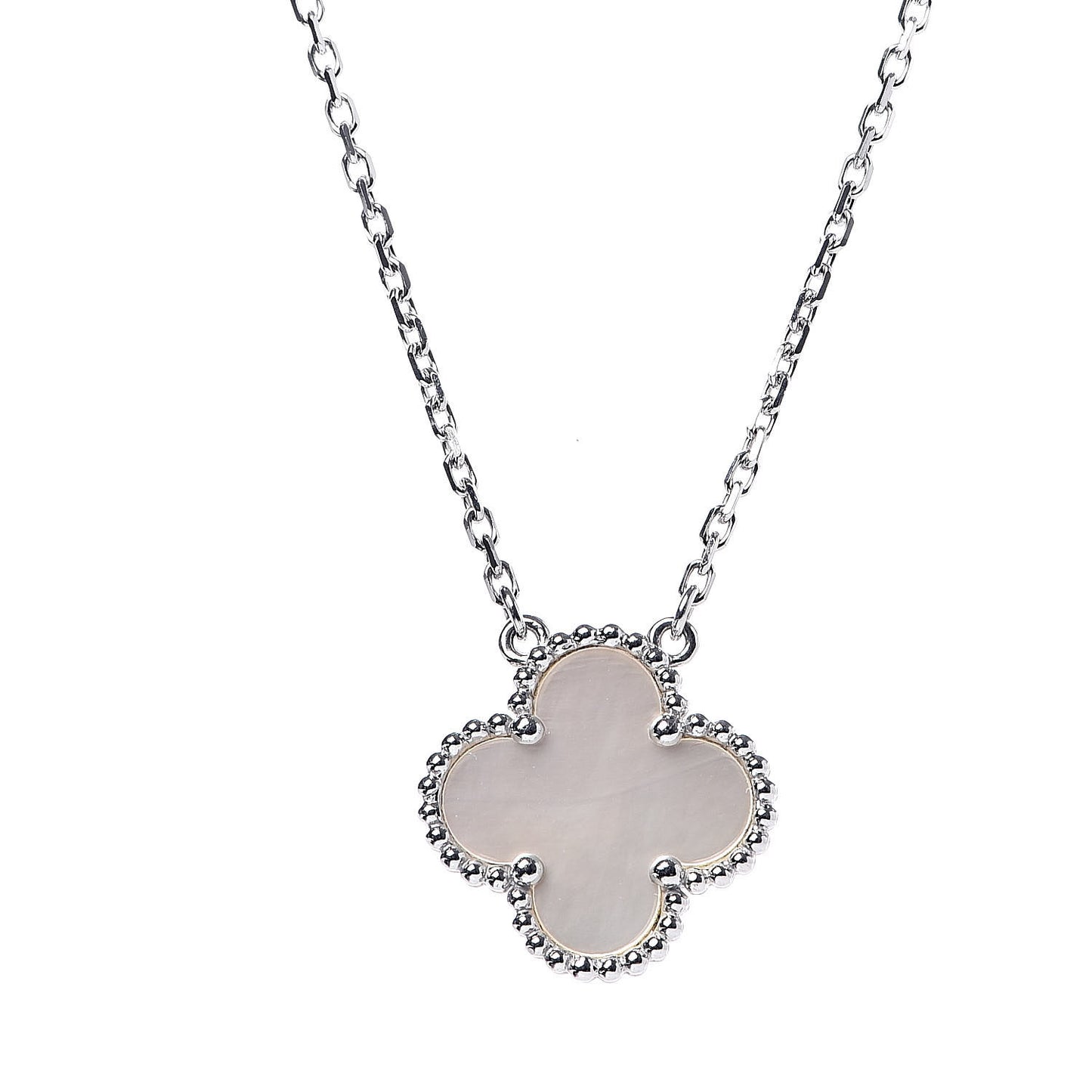 18K White Gold Mother of Pearl Vintage Alhambra Pendant Necklace