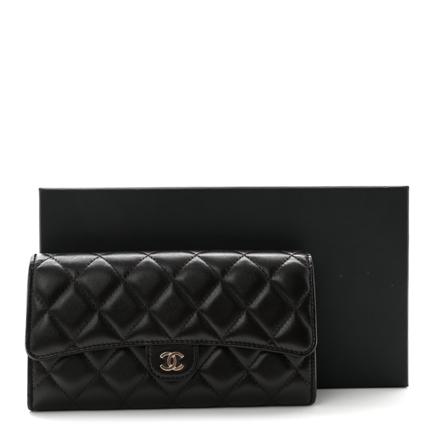 Lambskin Quilted Large Gusset Flap Wallet Dark Brown