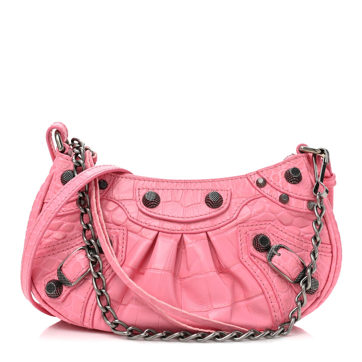 Balenciaga Extra Supple Calfskin Crocodile Embossed Le Cagole Mini Purse With Chain Sweet Pink 1 of 10