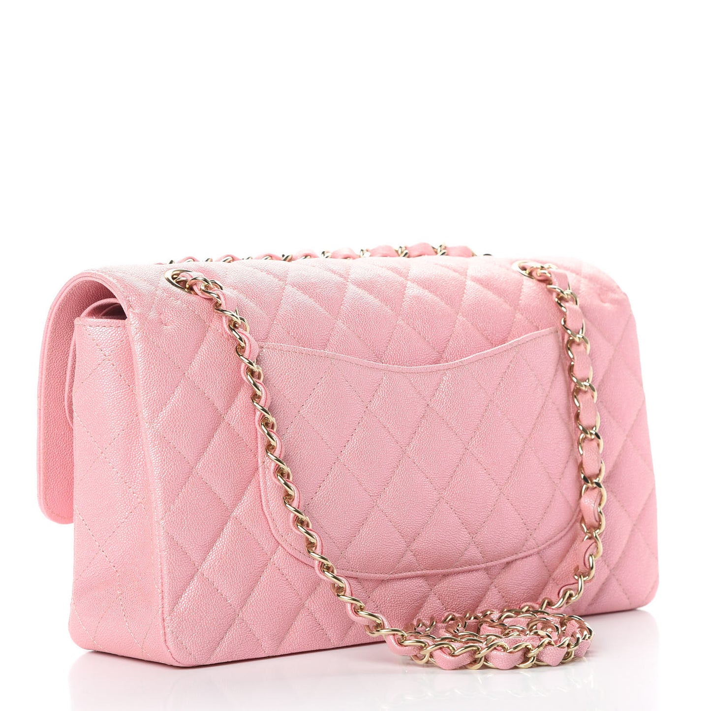 Iridescent Caviar Quilted Medium Double Flap Rose Pink