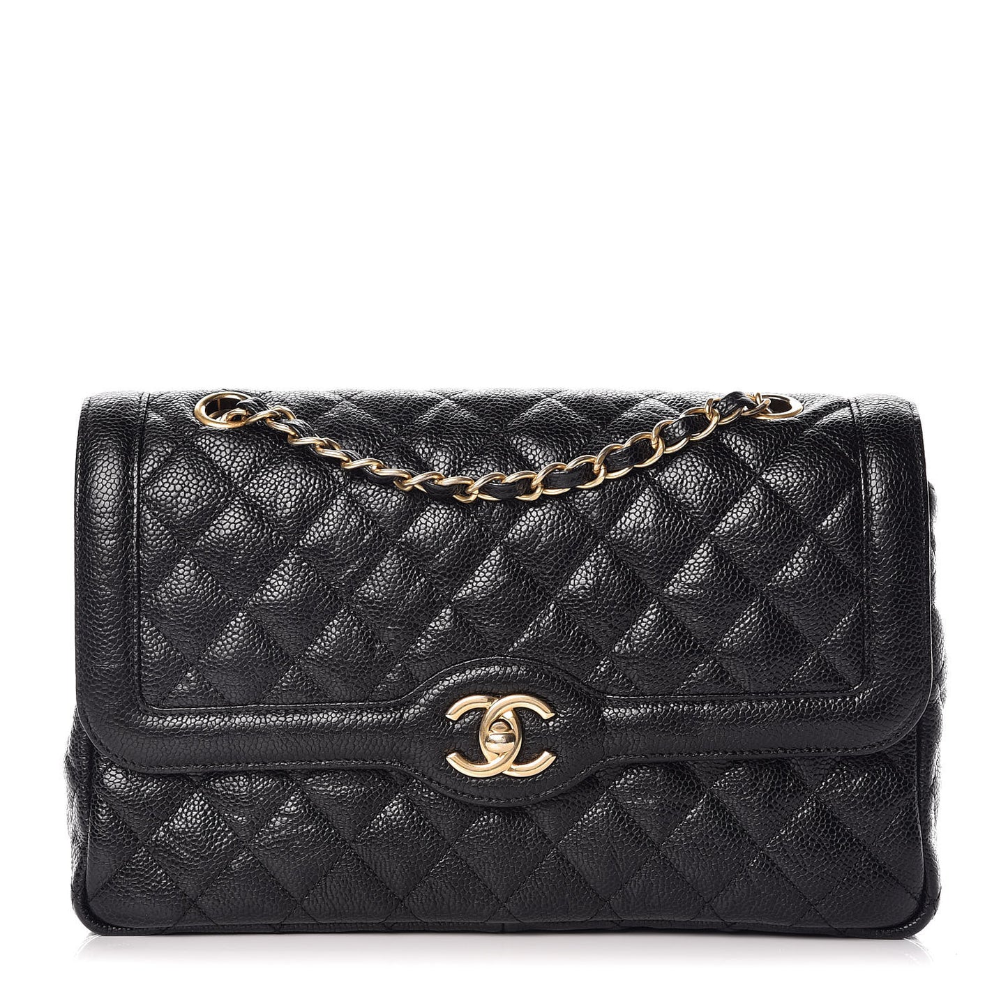 Crumpled Grained Calfskin Quilted Medium Single Flap Black