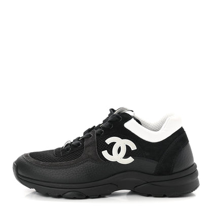 Chanel Mesh Suede Grained Calfskin Womens CC Sneakers 37 Black White 1 of 9