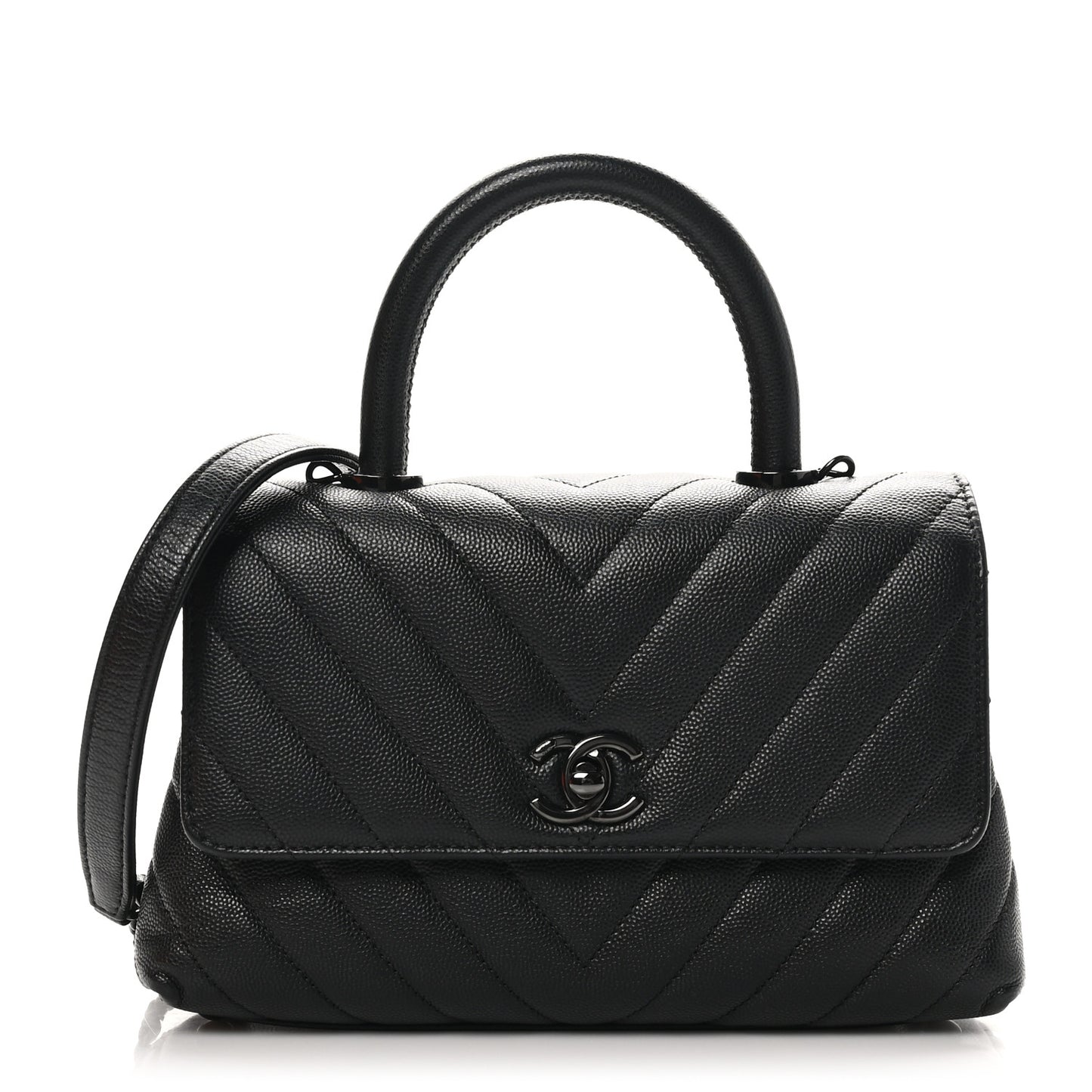 Caviar Chevron Quilted Mini Coco Handle Flap So Black