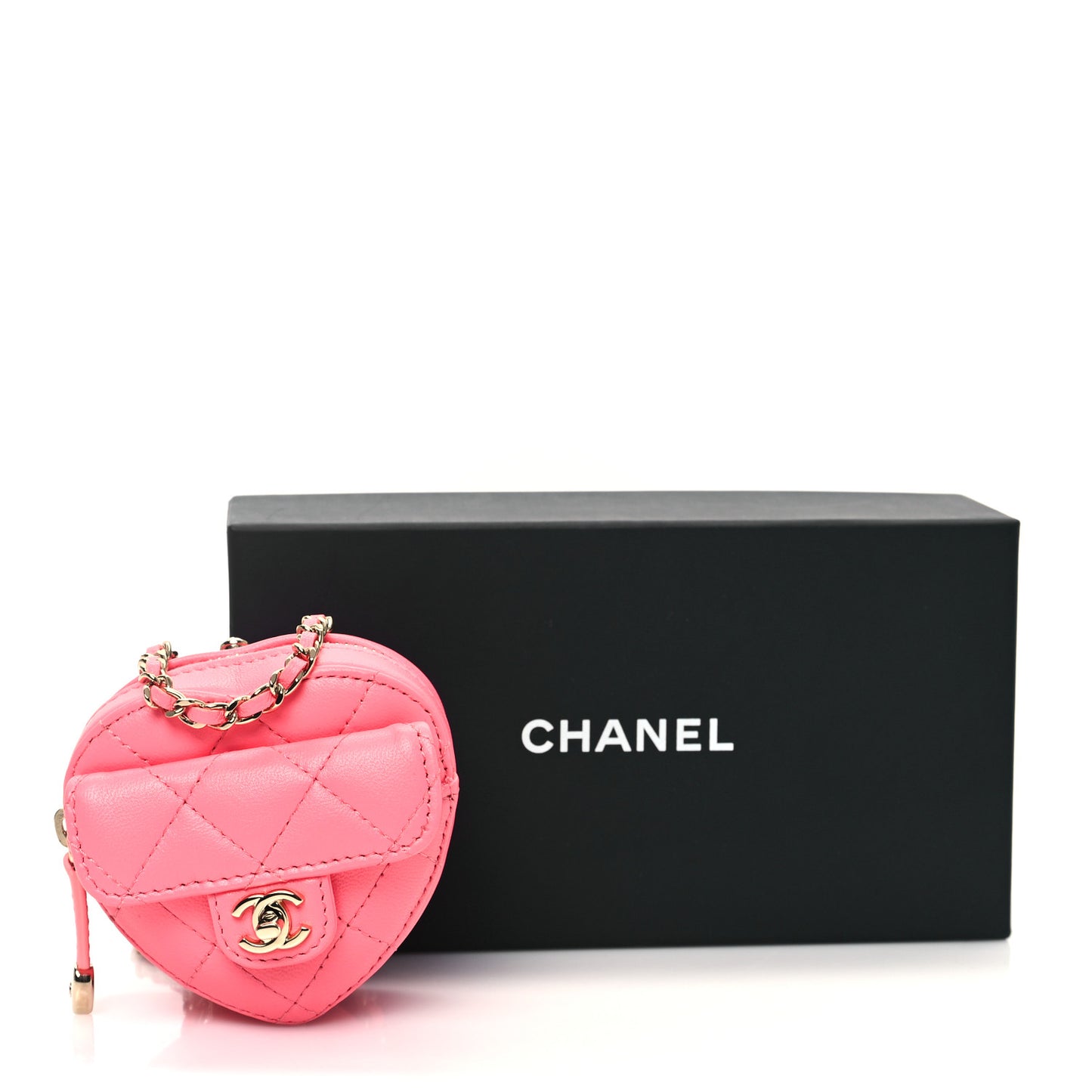 Lambskin Quilted CC In Love Heart Coin Purse With Chain Pink