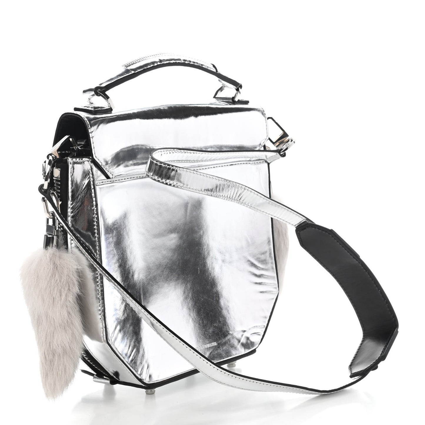 Metallic Calfskin Rabbit Fur Devere Top Handle Bag Silver