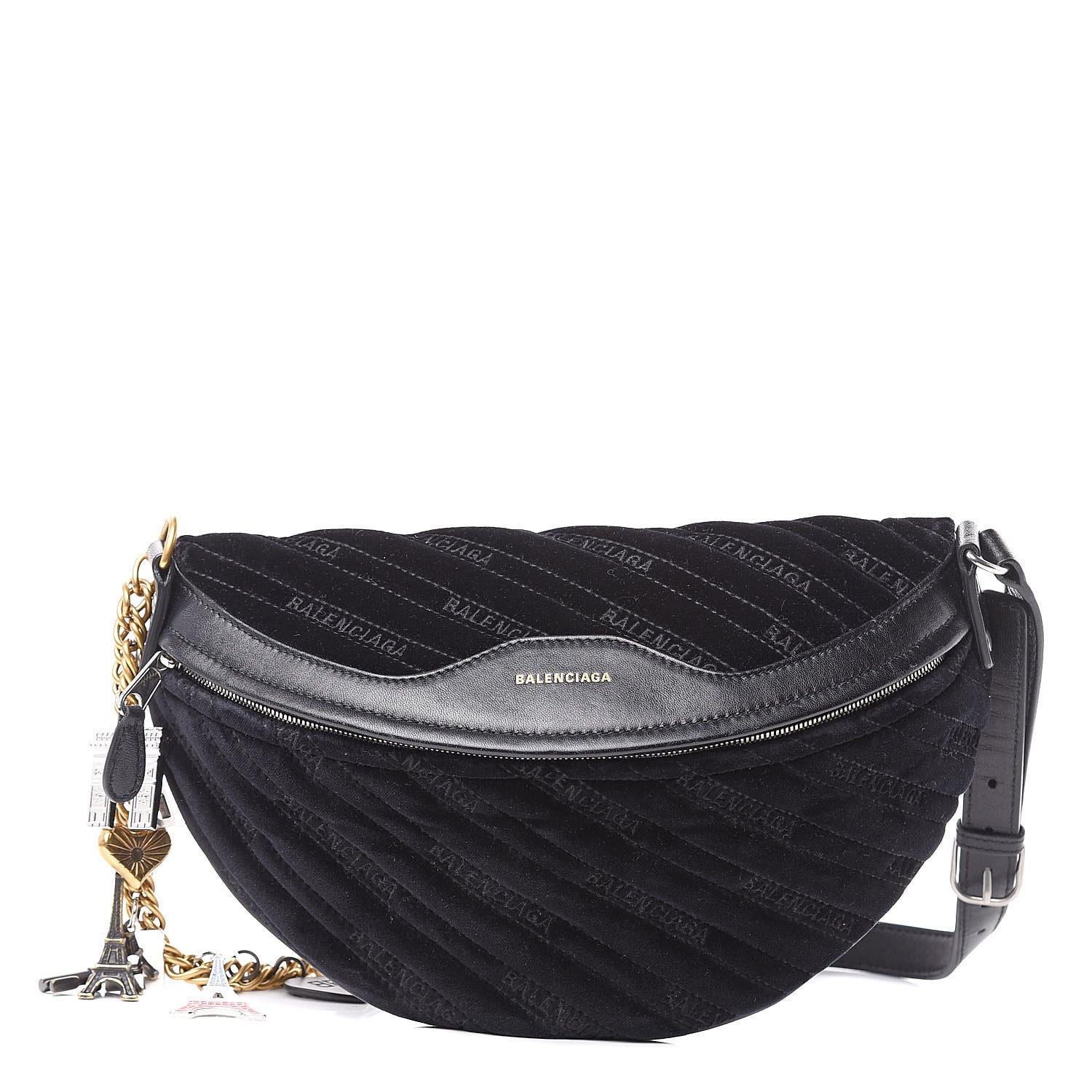 Balenciaga Crushed Velvet Diagonal Allover Logo Matelasse XS Souvenir Belt Bag Black 1 of 10