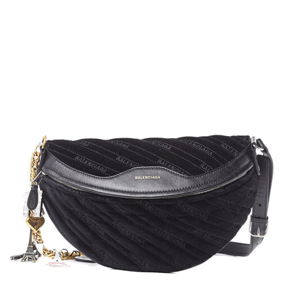 Balenciaga Crushed Velvet Diagonal Allover Logo Matelasse XS Souvenir Belt Bag Black 1 of 10