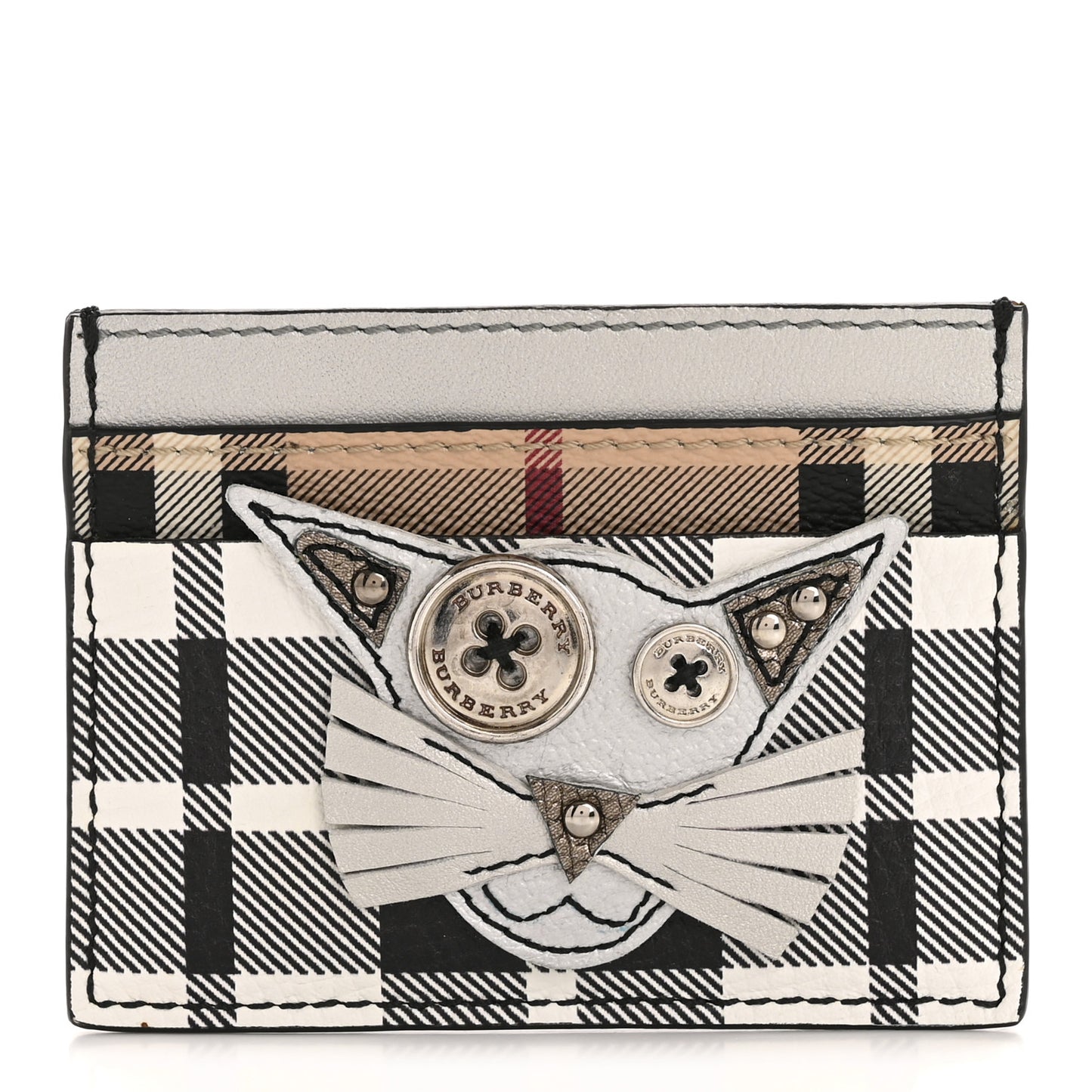Calfskin Haymarket Check Cat Applique Card Case Black White