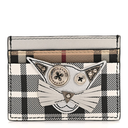 Burberry Calfskin Haymarket Check Cat Applique Card Case Black White 1 of 10