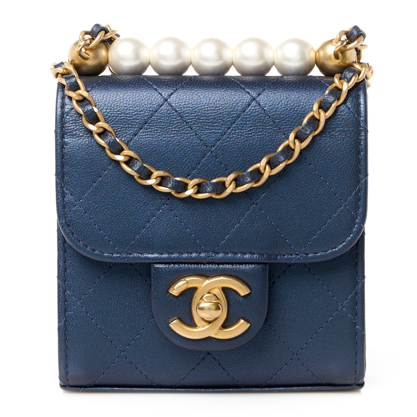Metallic Lambskin Quilted Mini Chic Pearls Flap Navy Blue
