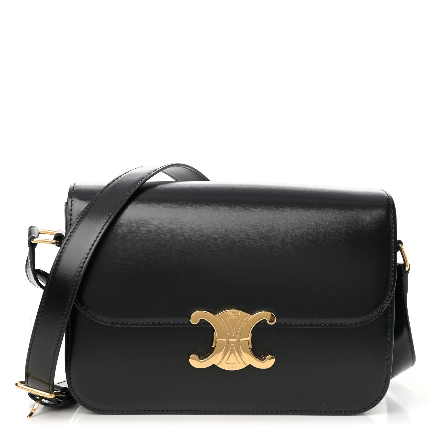 Celine Shiny Calfskin Medium Triomphe Shoulder Bag Black 1 of 10