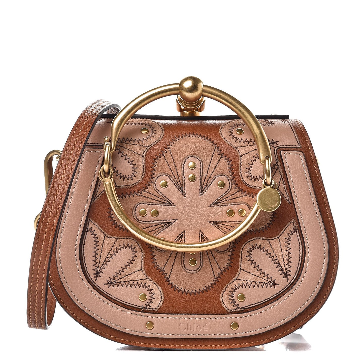 Calfskin Suede Floral Patchwork Small Nile Bracelet Bag Caramel