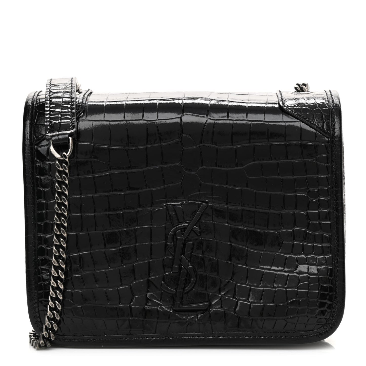 Crocodile Embossed Lambskin Matelasse Monogram Niki Chain Wallet Black