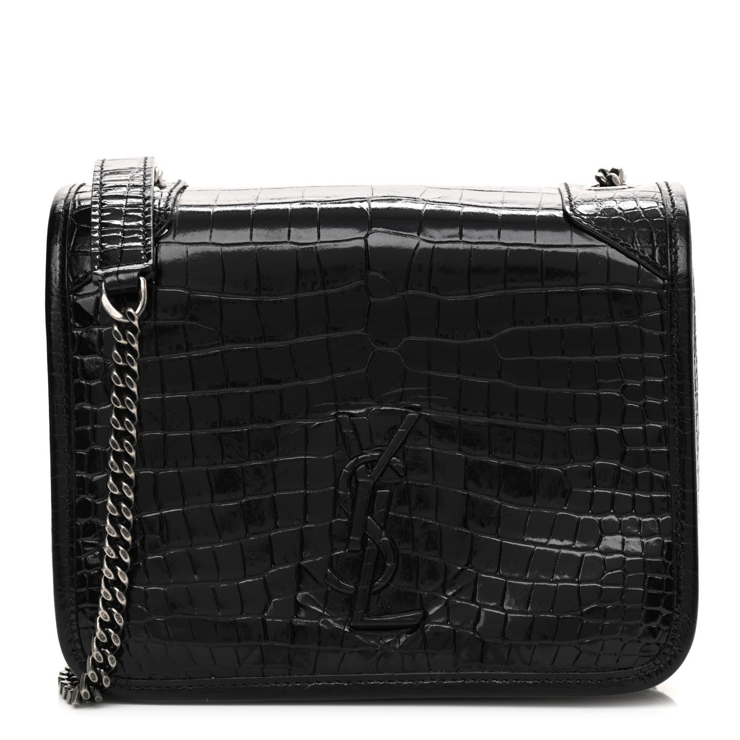 Saint Laurent Crocodile Embossed Lambskin Matelasse Monogram Niki Chain Wallet Black 1 of 9