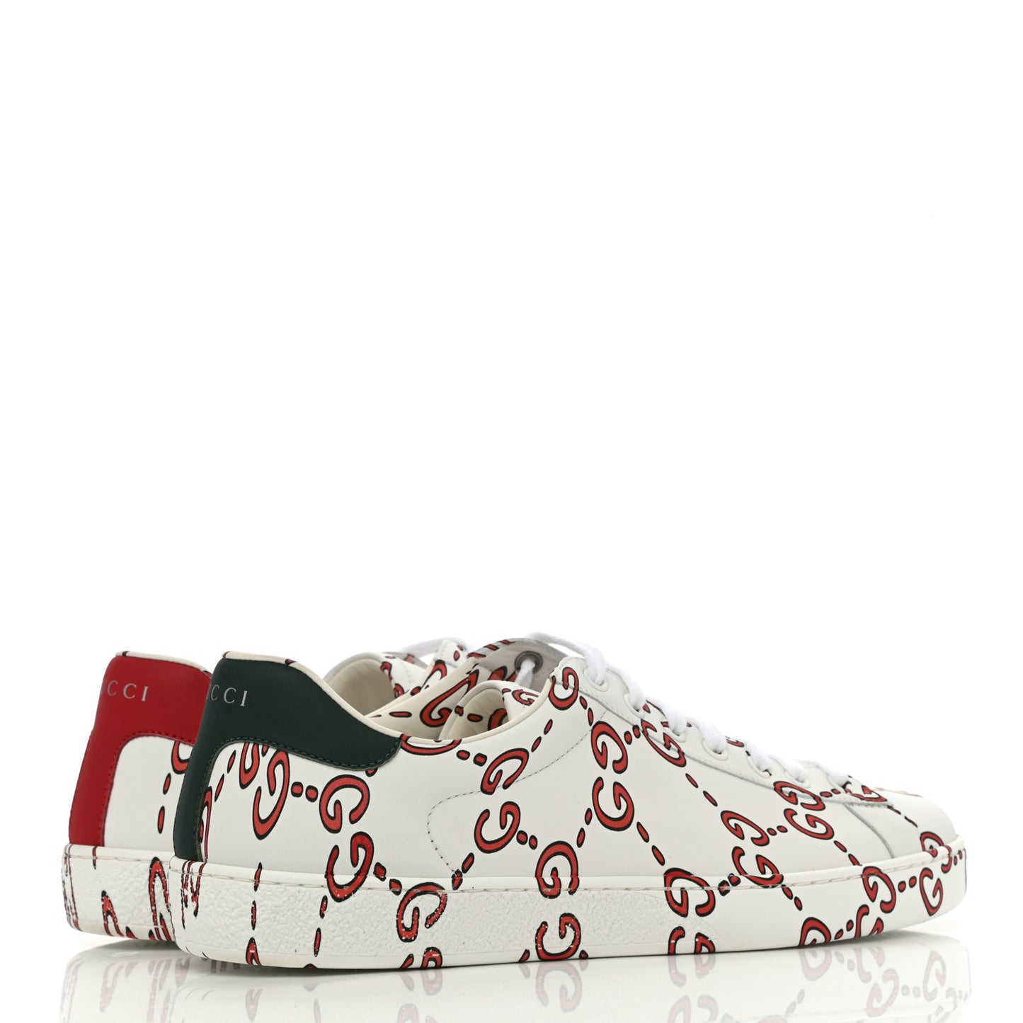 Calfskin GucciGhost Print Womens Ace Sneakers 8 White Hibiscus Red