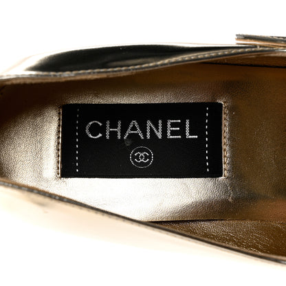 Chanel Laminated Calfskin Grosgrain Cap Toe CC Pointed Toe Wedge Pumps 38 Gold Black 7 of 9