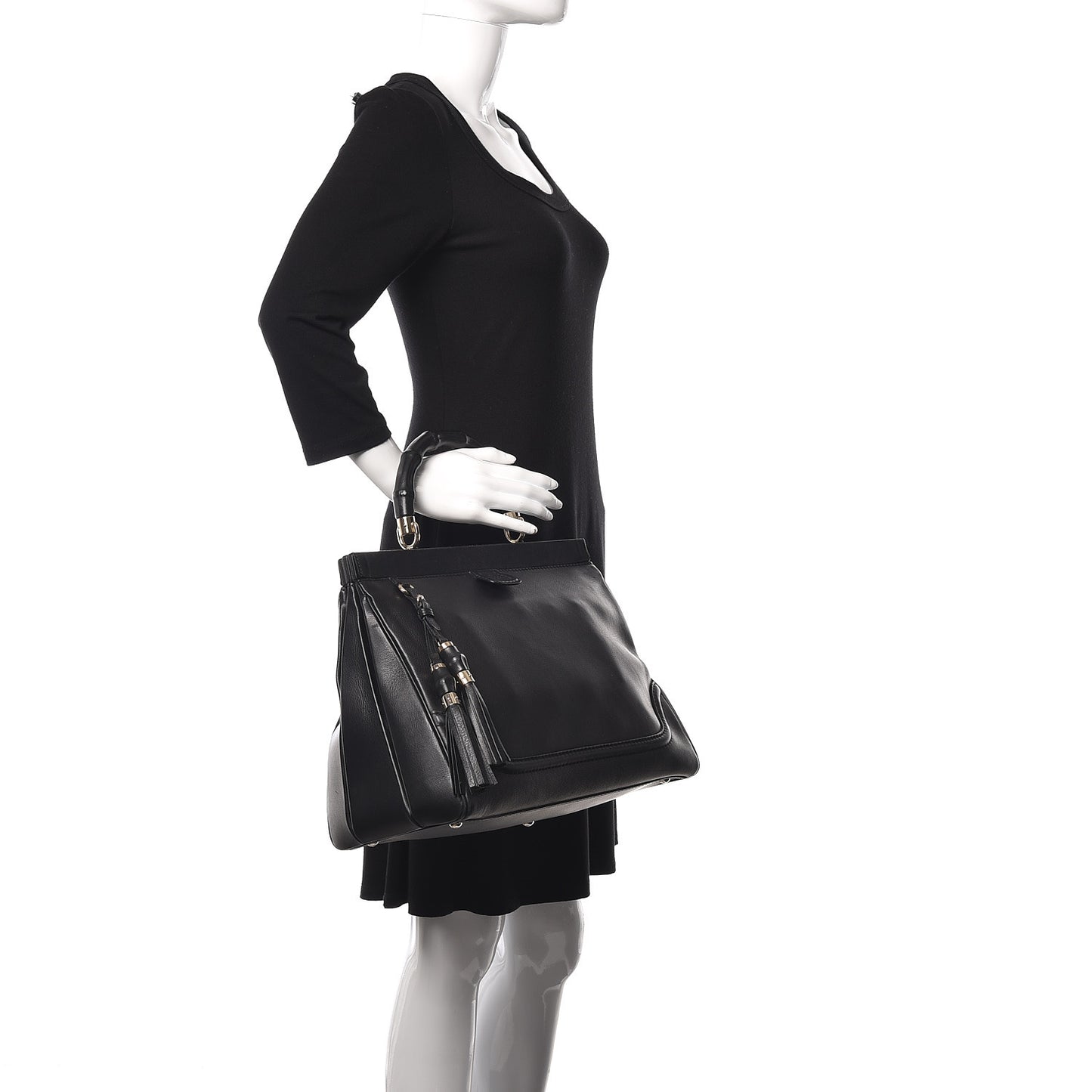 Calfskin Bold Bamboo Medium Top Handle Bag Black