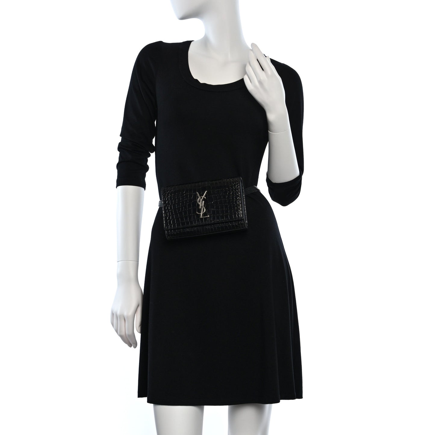 Calfskin Crocodile Embossed Monogram Kate Belt Bag Black