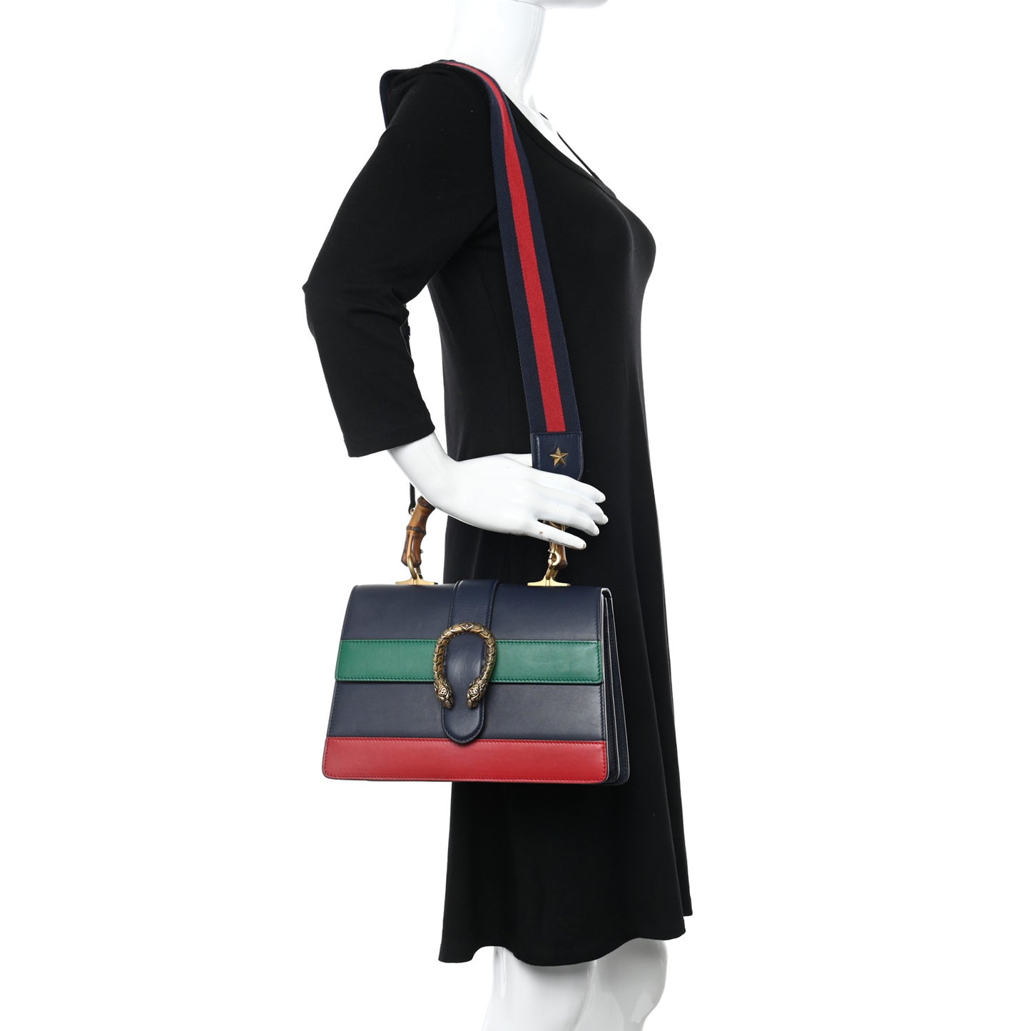Moon Calfskin Bamboo Web Medium Dionysus Top Handle Bag Blue Emerald Hibiscus Red