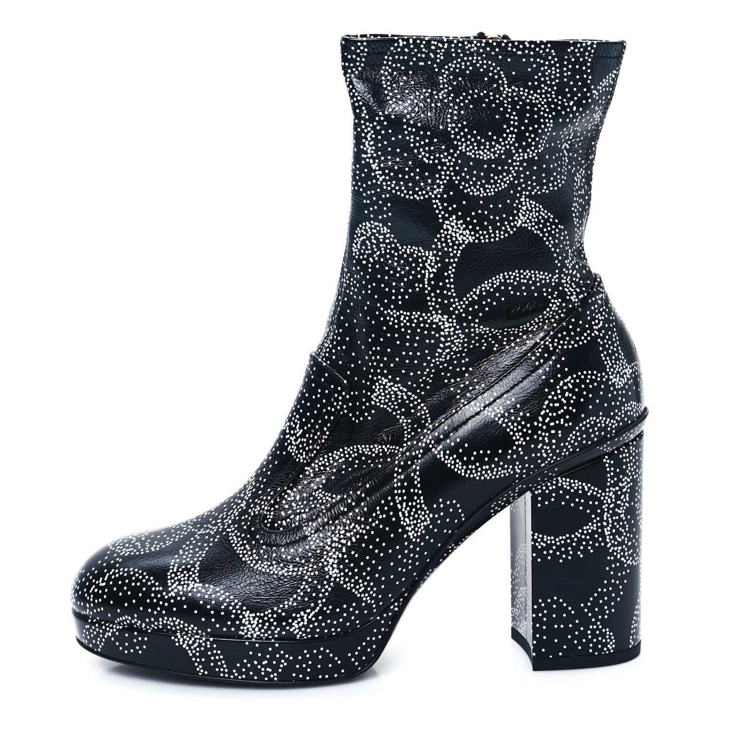 Chanel Calfskin Camellia Printed Ankle Boots 38 Black White 1 of 10