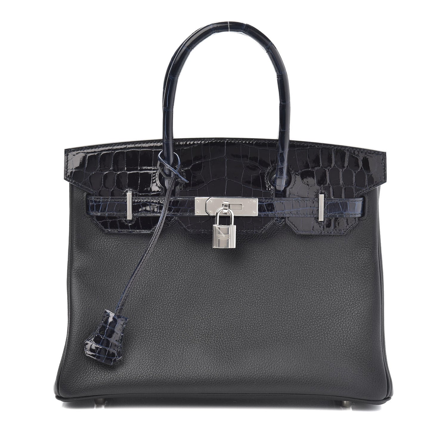 Taurillon Novillo Shiny Niloticus Crocodile Birkin Touch 30 Black Bleu Marine