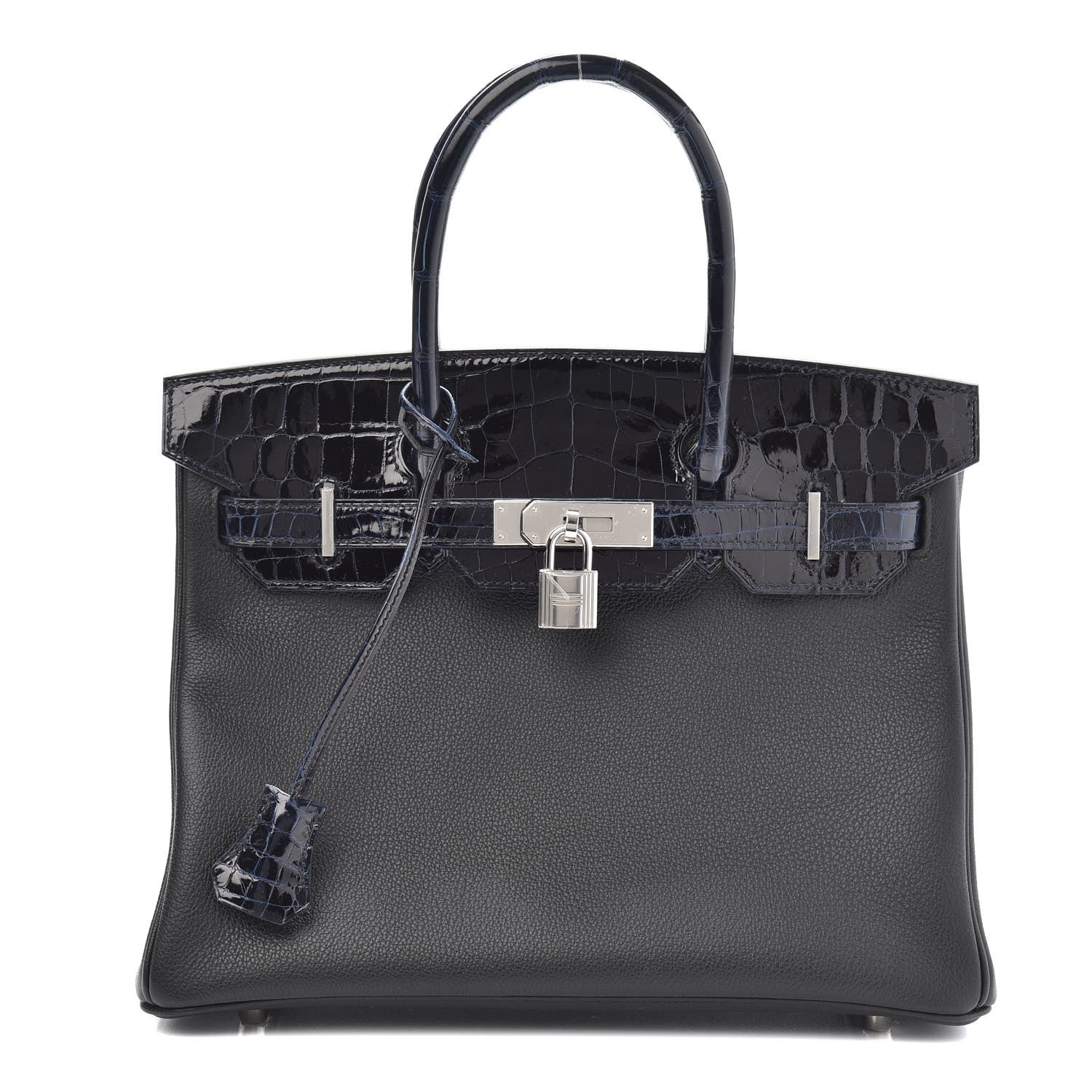 Hermes Taurillon Novillo Shiny Niloticus Crocodile Birkin Touch 30 Black Bleu Marine 1 of 29