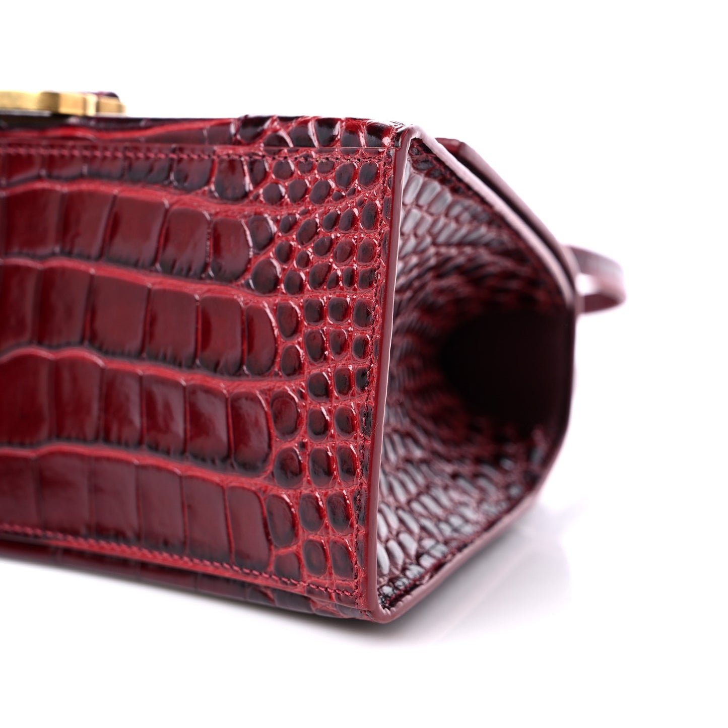 Shiny Calfskin Crocodile Embossed Small Hourglass Top Handle Bag Dark Red