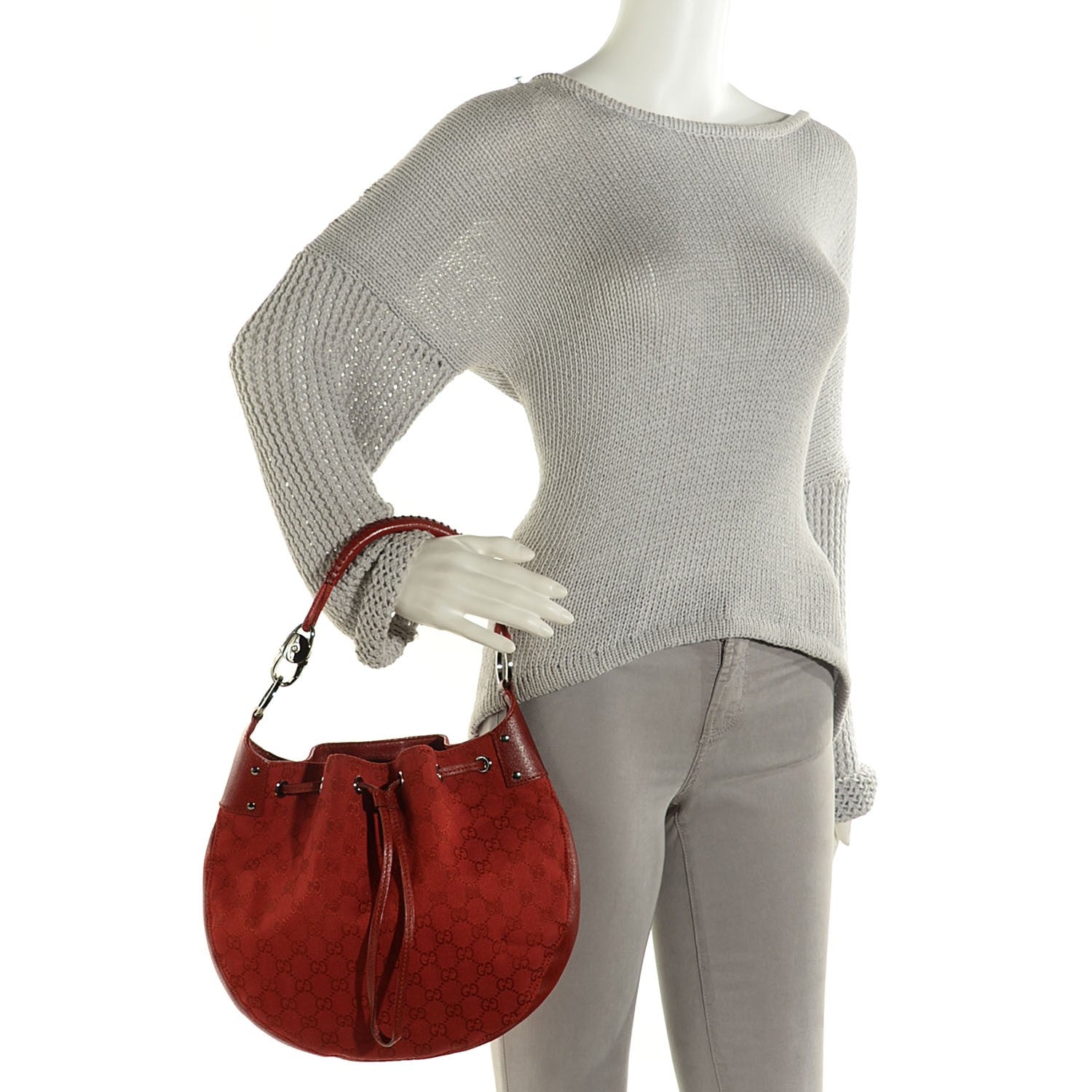 Gucci Monogram Drawstring Hobo Red 2 of 7