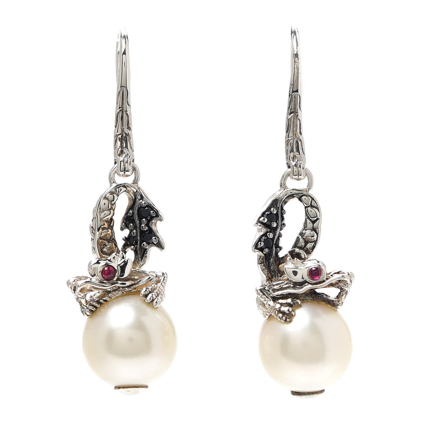 Sterling Silver Pearl Black Sapphire Ruby Naga Drop Earrings