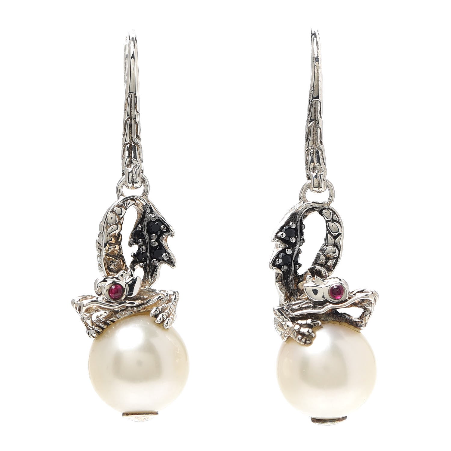 John Hardy Sterling Silver Pearl Black Sapphire Ruby Naga Drop Earrings 1 of 4