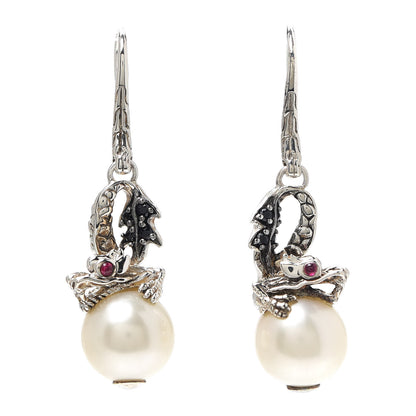 John Hardy Sterling Silver Pearl Black Sapphire Ruby Naga Drop Earrings 1 of 4