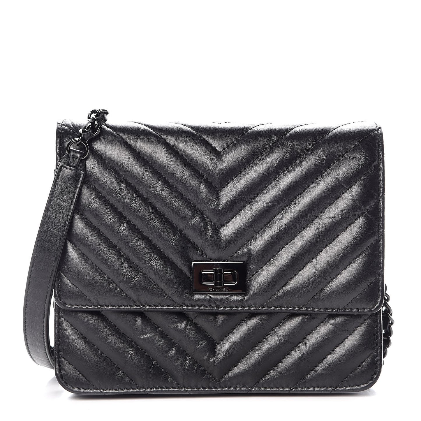 Aged Calfskin Chevron Quilted Reissue 2.55 Square Wallet On Chain WOC So Black