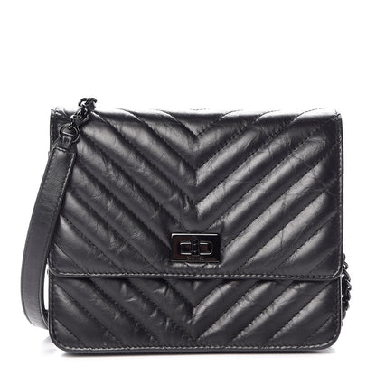 Chanel Aged Calfskin Chevron Quilted Reissue 2.55 Square Wallet On Chain WOC So Black 1 of 9