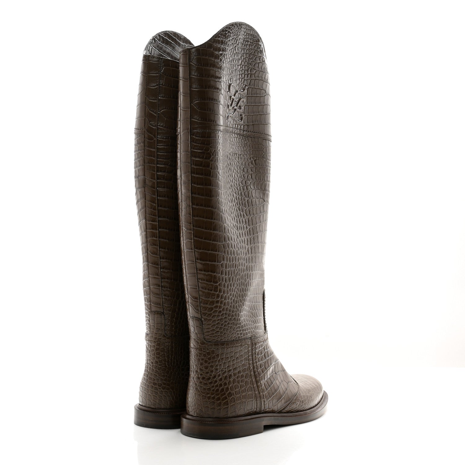 Fendi Calfskin Crocodile Embossed Karligraphy Logo Riding Boots 38 Maya 4 of 7