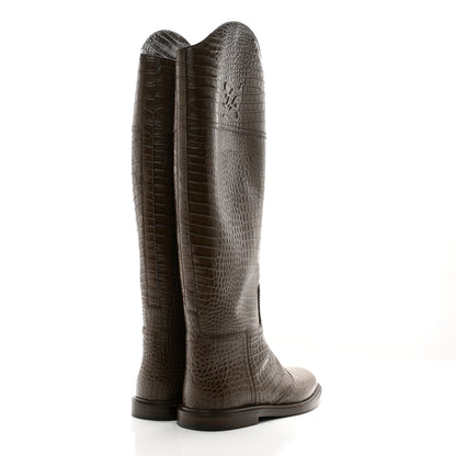 Fendi Calfskin Crocodile Embossed Karligraphy Logo Riding Boots 38 Maya 4 of 7