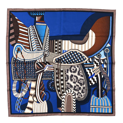 Hermes Silk La Selle Imaginaire Scarf 90 Marron Glace Bleu Vif Brun 1 of 3