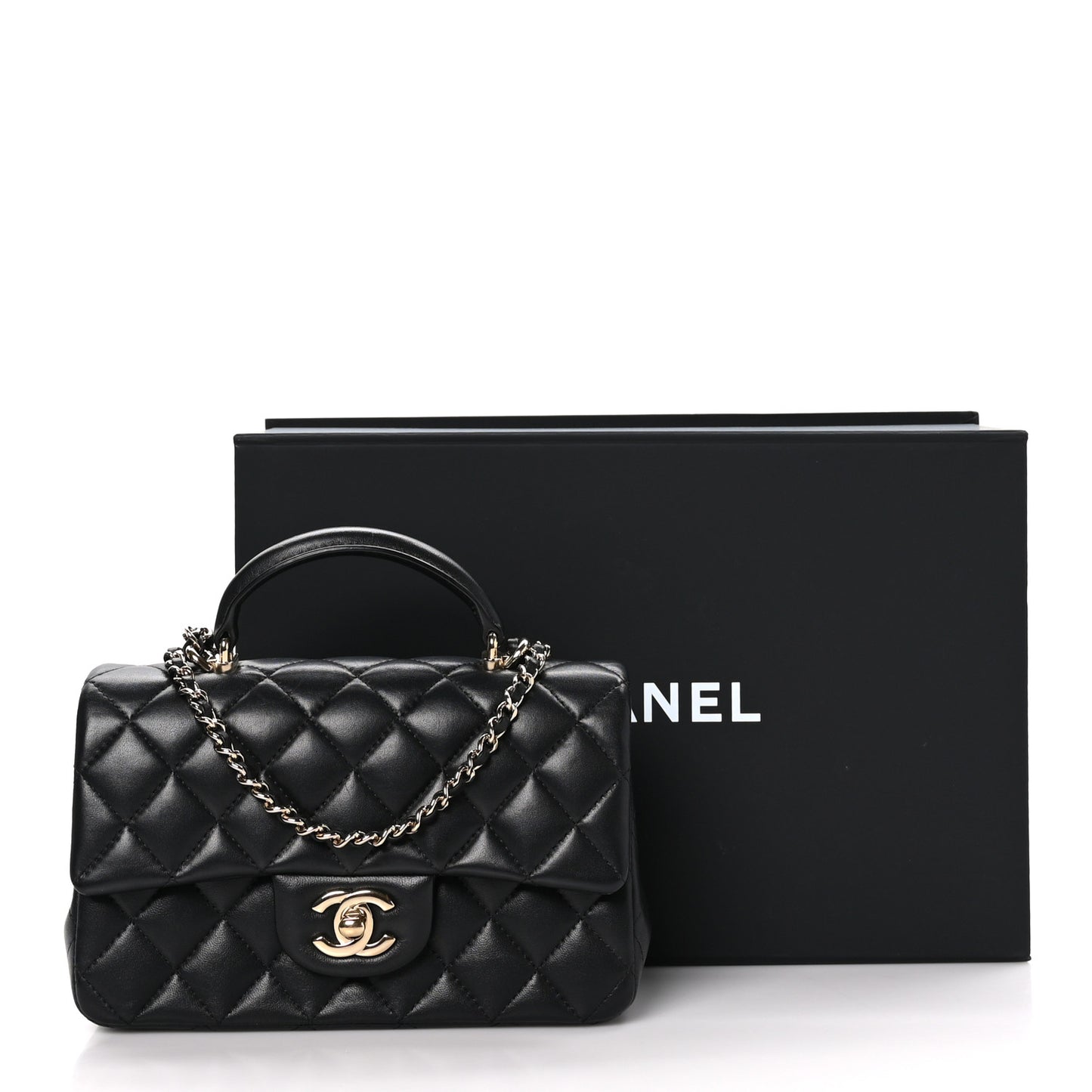 Lambskin Quilted Mini Top Handle Rectangular Flap Black