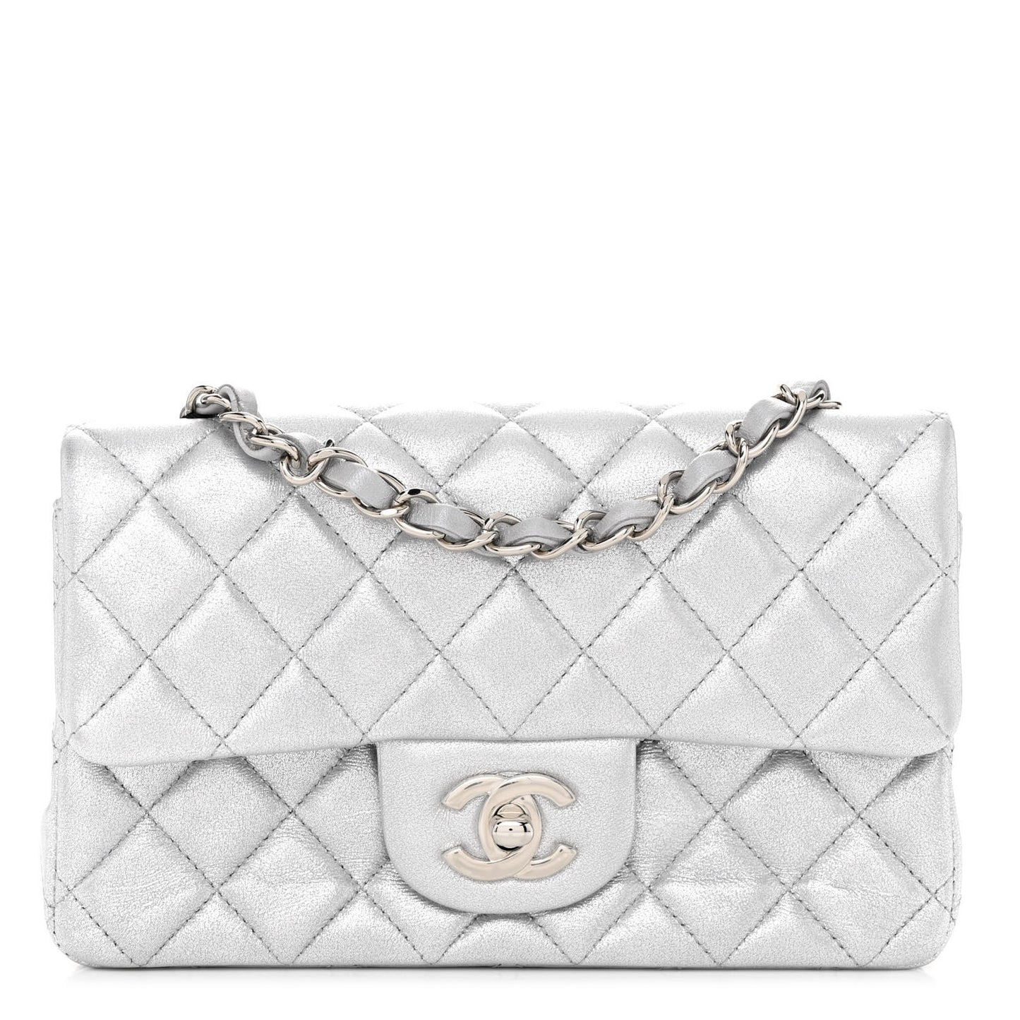 Metallic Lambskin Quilted Mini Rectangular Flap Silver