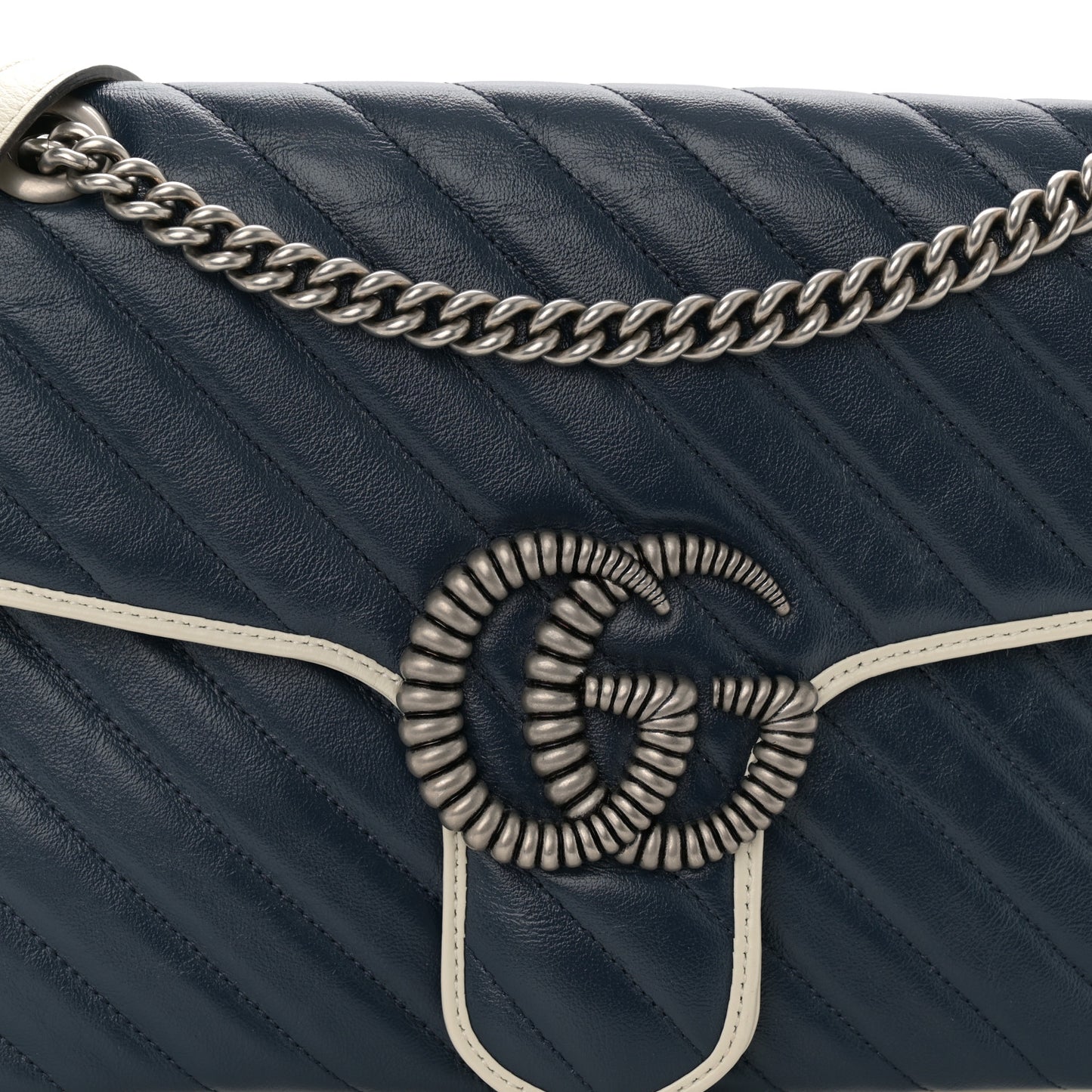 Vintage Effect Calfskin Matelasse Diagonal Medium Torchon GG Marmont Shoulder Bag Blue Agata Mystic White