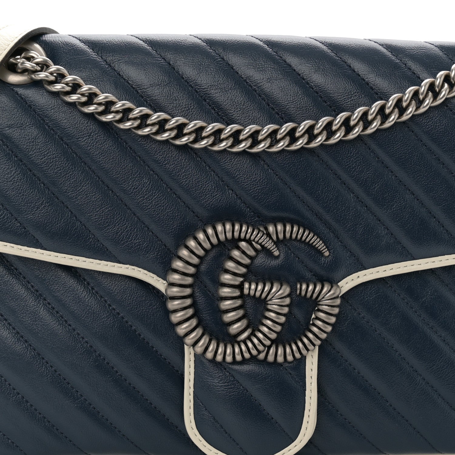 Gucci Vintage Effect Calfskin Matelasse Diagonal Medium Torchon GG Marmont Shoulder Bag Blue Agata Mystic White 8 of 11
