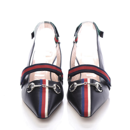 Gucci Malaga Kid Web Horsebit Low Heel Slingback Pumps 37 Black 2 of 8