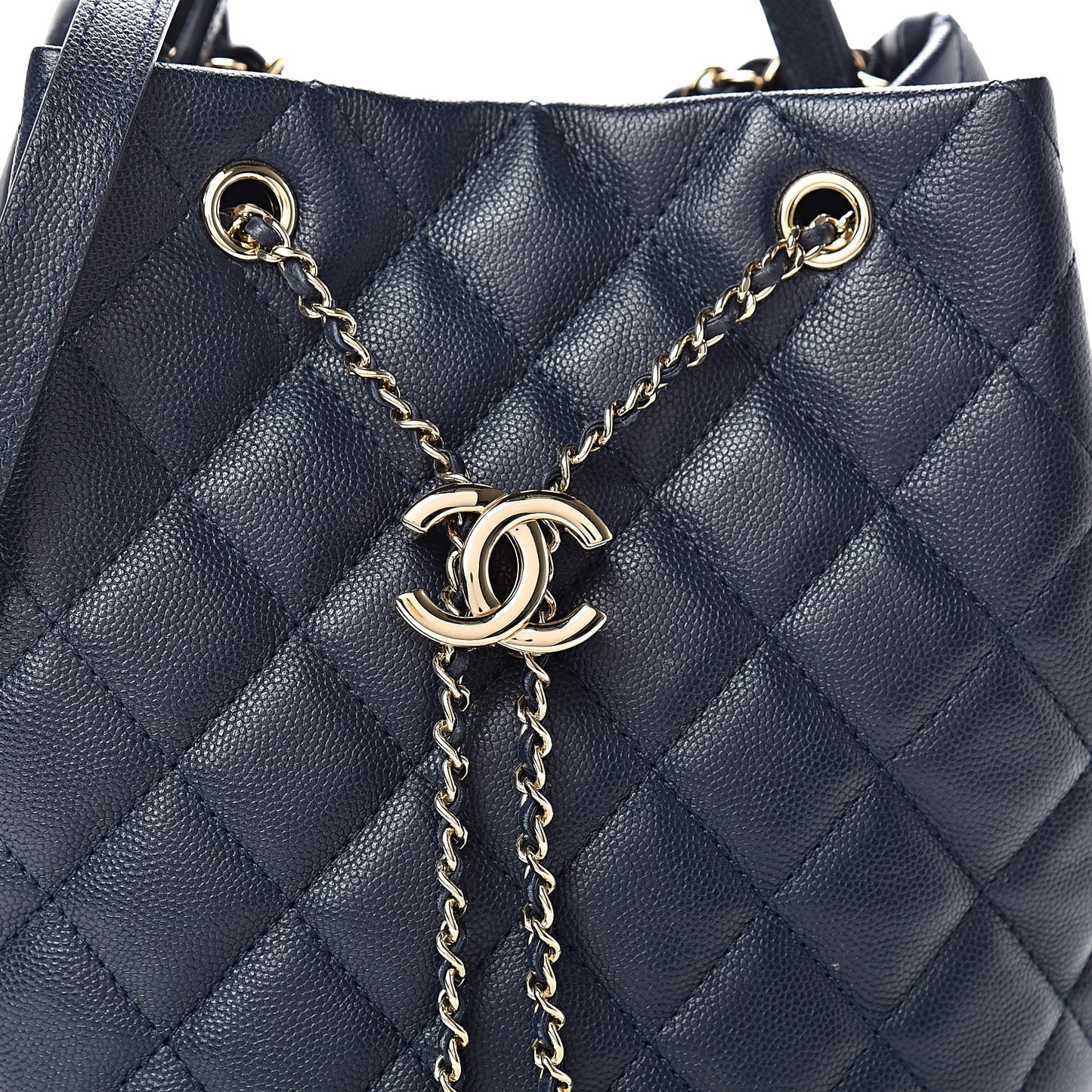 Caviar Quilted Rolled Up Bucket Drawstring Bag Navy