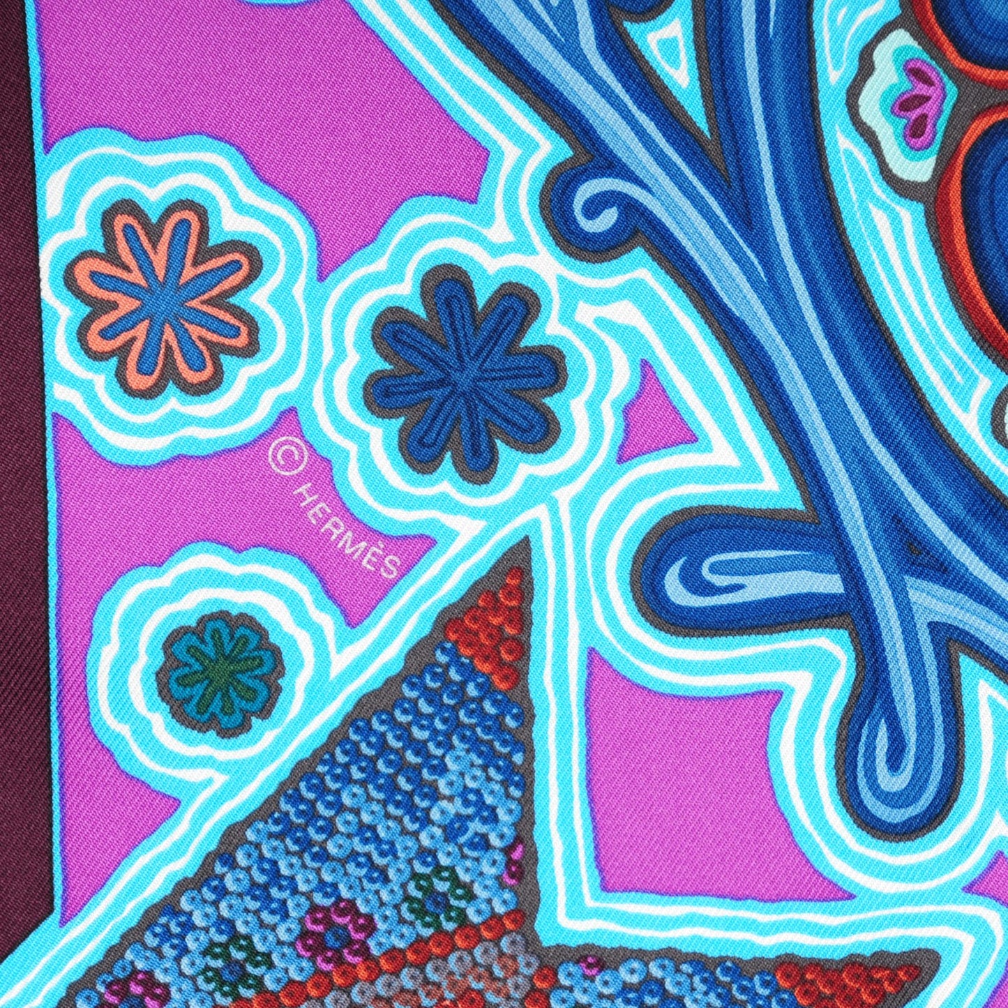 Silk L'Arbre Du Vent Scarf 90 Bleu Fuchsia Turquoise